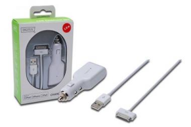 DIGITUS Apple car charger set, Adapter + Apple Dock cable, car cigarette adapter, cable 1m - USB 2.0 comp., CE, UL, DA-600900-010-W 