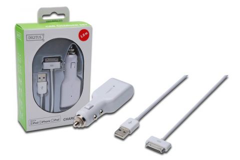 DIGITUS Apple car charger set, Adapter + Apple Dock cable, car cigarette adapter, cable 1m - USB 2.0 comp., CE, UL, DA-600900-010-W 